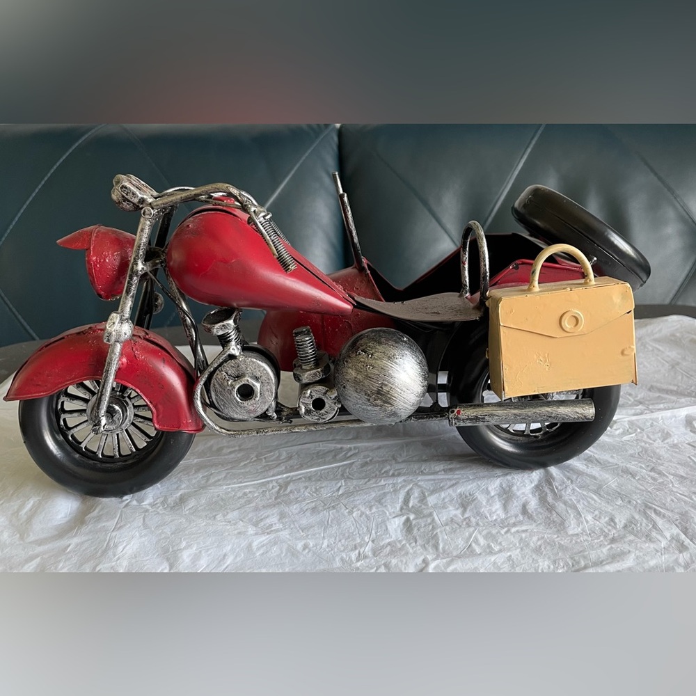 Vintage Motorcycle with sidecar hand painted metal red/white bottle holder